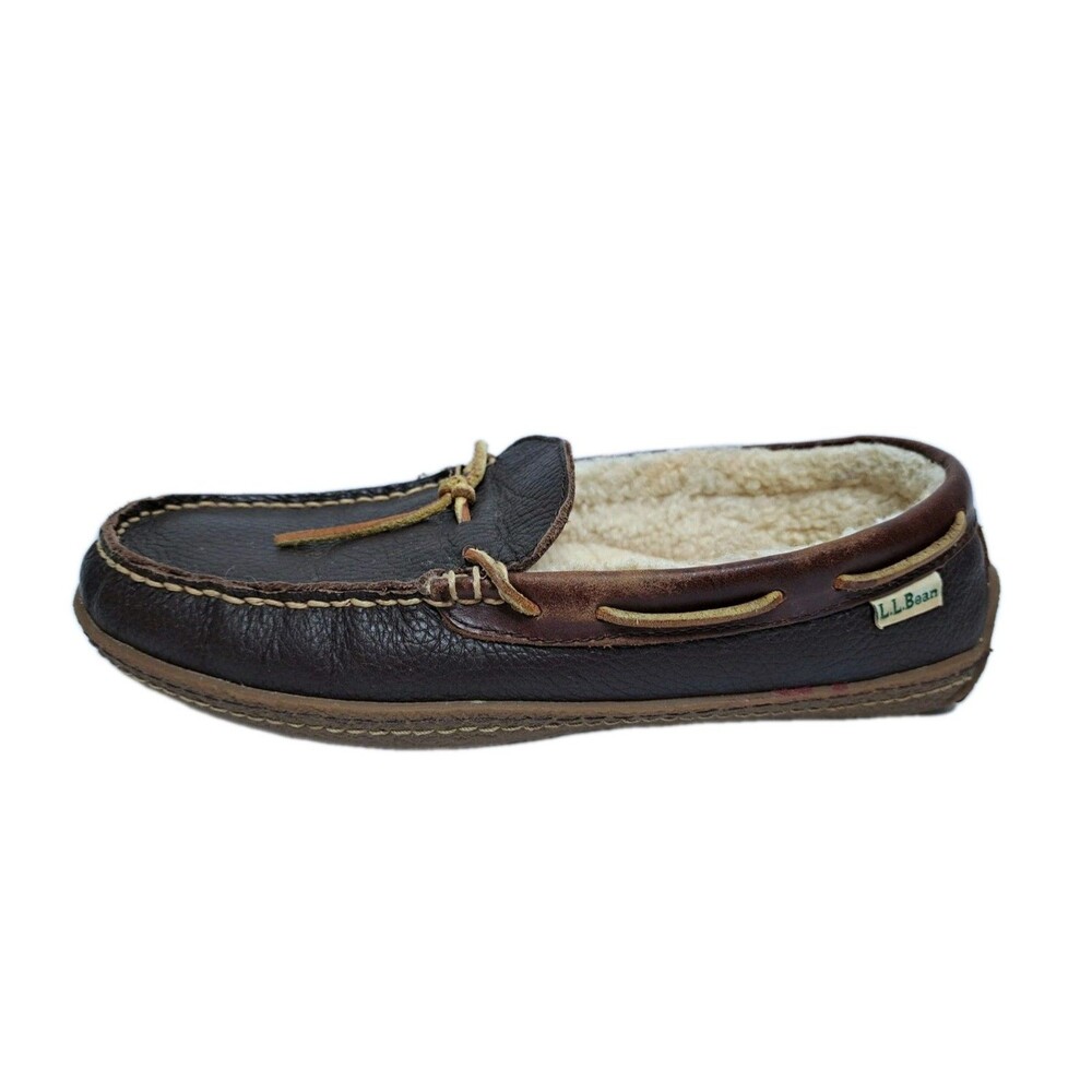 LL Bean Men's 8 Wicked Good Leather Shearling Moccasin Brown Slippers - Picture 6 of 10